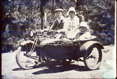 Slide, D. Wraight on his Indian Scout with sidecar, c.1920