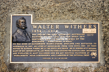 Slide - Photograph, Memorial Plaque, Walter Withers Reserve, cnr Bible and Arthur Streets, Eltham, c.1993
