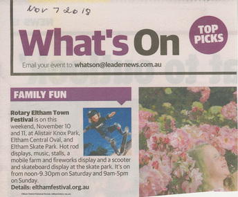 Newspaper clipping, Rotary Eltham Town Festival, What's on, Diamond Valley News, 7 November 2018, 2018