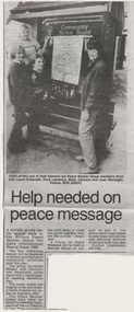 Document - Newspaper article, Diamond Valley News, Help needed on peace message, Aug 1986