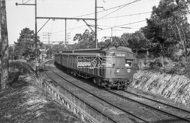Photograph, George Coop, Tait Red Rattler approaching Mont Albert Railway Station from Box Hill, c.Feb. 1964