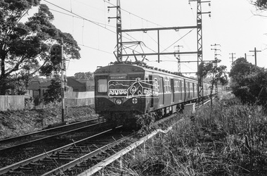 Photograph, George Coop, Harris (Blue) electric train approaching Mont Albert Railway Station, c.Feb. 1964