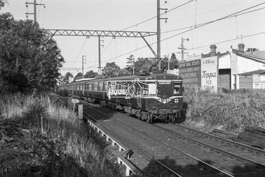 Photograph, George Coop, Harris (Blue) electric train leaving Mont Albert Railway Station heading for the city, c.Feb. 1964