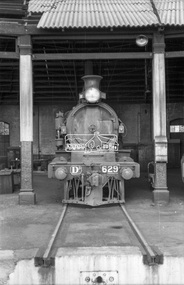 Photograph, Steam locomotive D3-629 in the locomotive workshop at Seymour Railway Station, c.May 1963