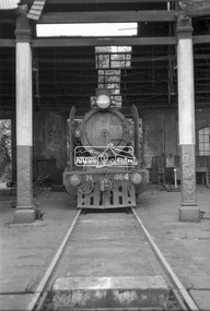 Photograph, Steam locomotive N-464 in the locomotive workshop at Seymour Railway Station, c.May 1963
