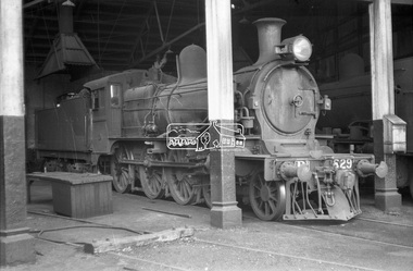 Photograph, Steam locomotive D3-629 in the locomotive workshop at Seymour Railway Station, c.May 1963