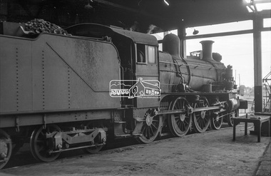 Photograph, Steam locomotive D3-629 in the locomotive workshop at Seymour Railway Station, c.May 1963