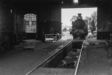 Photograph, Steam locomotives D3-676 and K-186 in the locomotive workshop at Seymour Railway Station, c.May 1963