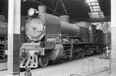 Photograph, Steam locomotive N-464 in the locomotive workshop at Seymour Railway Station, c.May 1963