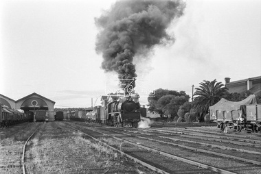 Photograph, Steam locomotive R-727 hauling goods carriages, departing Echuca Railway Station, Nov. 1963