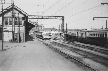 Photograph, George Coop, Diesel-electric rail cars in the Railmotor Yard at Spencer Street Station, c.1951