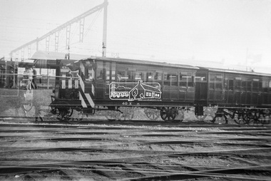 Photograph, George Coop, Double exposure: AEC Railmotor and Trailer on display at Spencer Street Railway Station during the 1954 Victorian Railways Centenary Exhibition, Sep. 1954