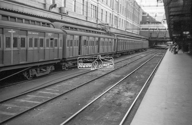 Photograph, George Coop, View of Tait Red Rattler at No. 1 Platform, Flinders Street Railway Station, Sep. 1954