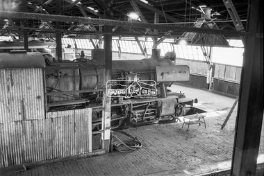 Photograph, George Coop, Steam locomotive J-508 in the Ararat Locomotive  Shed, c.1971