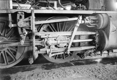Photograph, George Coop, Valve gear, J-class steam locomotive, Ararat Locomotive Shed, c.1971