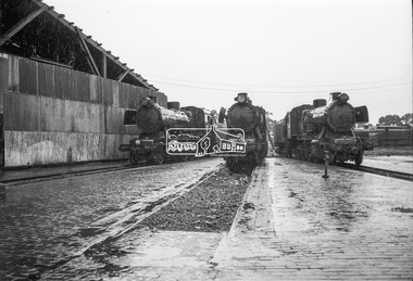 Photograph, George Coop, Steam locomotives J539, J-540 and J-541 at the Ararat Locomotive Shed, c.1971