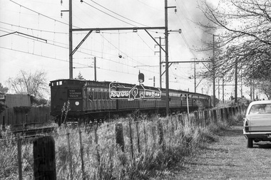 Photograph, George Coop, Steam Locomotive J-515 hauling The Vintage Train approaching Box Hill Railway Station, Vic, c.1971