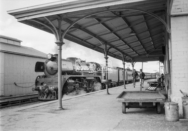 Photograph, George Coop, Steam locomotive R-742 hauling a special train arriving at Beaufort Railway Station, c.1971