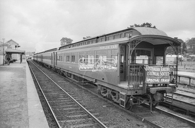 Photograph, George Coop, Steam locomotive R-742 hauling a special train arriving at Beaufort Railway Station, c.1971