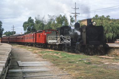 Photograph, George Coop, Steam locomotive K-172 with School train arrives at Echuca Wharf Railway Station, May 1964