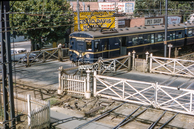 Photograph, George Coop, A Harris (Blue) electric train at the Station Street crossing, Box Hill, c.Feb. 1964