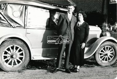 Photograph, Charles and Annie Cockcroft in front of their grocer shop and attached house, cnr of York Street and Main Road, Eltham, c.1935