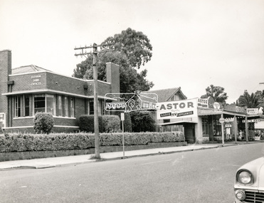 Negative - Photograph, Peter Bassett-Smith (poss), Shire of Eltham Office and Hall and adjacent shops, Main Road, Eltham, c.1961