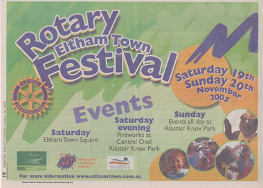 Newspaper - Newspaper clipping, Diamond Valley News, Advertisement; Events, Rotary Eltham Town Festival 19-20 November 2005, Diamond Valley Leader, 26 October 2005, p10, 26 Oct 2005