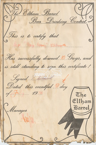 Document - Certificate, The Eltham Barrel Beer Drinking Contest: Awarded to Rex "Young Pommy" Whitworth, 19 July 1974