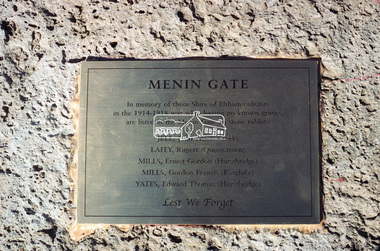 Negative - Photograph, Harry Gilham, Menin Gate Memorial Plaque and rock, Shire of Eltham Memorial Park, Kangaroo Ground, 1 Aug 2007