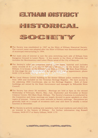 Document - Advertising, Eltham District Historical Society, About Us, Eltham District Historical Society, c.2008