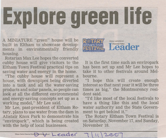 Article - Newspaper clipping, Diamond Valley Leader, Explore green life, 7 Nov 2007