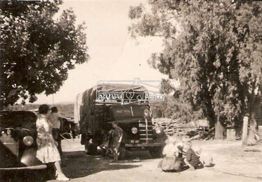 Photograph, Len Parker's Bedford truck at the Tosch home in Panton Hill, c.1952