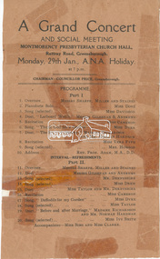 Document - Programme, A Grand Concert and Social Meeting, Montmorency Presbyterian Church Hall, Rattray Road, Greensborough, Monday, 29th Jan., A.N.A. Holiday at 7 p.m, 1951
