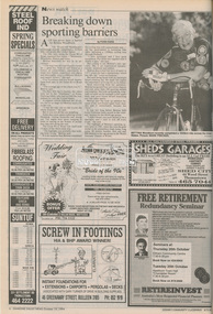 Newspaper - Newspaper article, Diamond Valley News, Breaking down sporting barriers by Fiona Kaegi, Diamond Valley News, October 19, p6, 1994