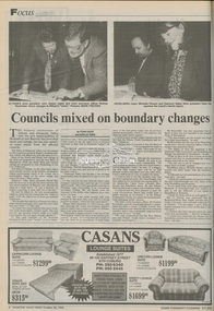 Newspaper - Newspaper article, Diamond Valley News, Councils mixed on boundary changes by Fiona Kaegi and Natalie Town, Diamond Valley News, October 26, p8, 1994