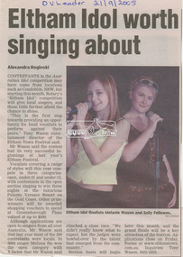 Newspaper - Newspaper Clipping, Alexandra Roginski, Eltham idol worth singing about, Diamond Valley Leader, 21 September, 2005
