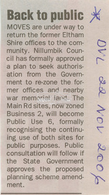 Newspaper - Newspaper Clipping, Diamond Valley Leader, Back to public, Diamond Valley Leader, 22 November, 2006