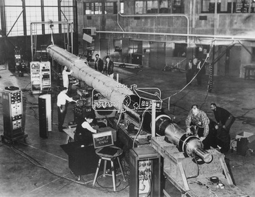 Photograph - Black and White Print, NASA, Technicians at Langley Research Centre performing final tests on 4 stage Scout solid fuel rocket, 16 November, 1960
