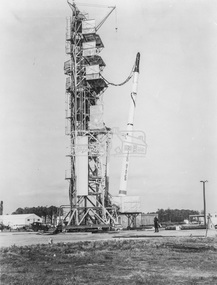Photograph - Black and White Print, NASA, Four stage Scout solid fuel rocket on launching pad at Wallops Island facility, 1960