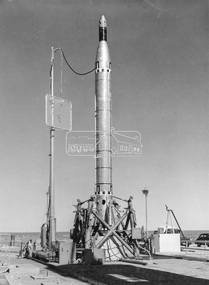 Photograph - Black and White Print, Weapons Research Establishment (WRE), Black Knight with Cuckoo Boost, Woomera, 24 May, 1960