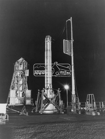 Photograph - Black and White Print, Weapons Research Establishment (WRE), British Black Knight Rocket on Launcher, 25 July, 1960