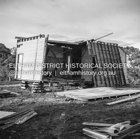 Negative - Photograph, J.A. McDonald, Inspection of storm damaged Abraham house at Kangaroo Ground, c. May 1962
