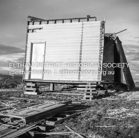 Negative - Photograph, J.A. McDonald, Inspection of storm damaged Abraham house at Kangaroo Ground, c. May 1962