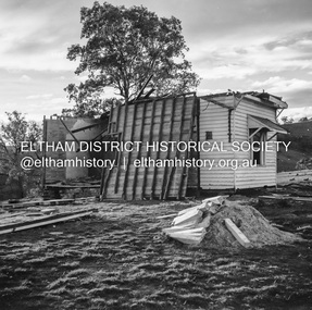Negative - Photograph, J.A. McDonald, Inspection of storm damaged Abraham house at Kangaroo Ground, c. May 1962