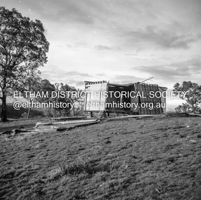 Negative - Photograph, J.A. McDonald, Inspection of storm damaged Abraham house at Kangaroo Ground, c. May 1962