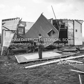 Negative - Photograph, J.A. McDonald, Inspection of storm damaged Abraham house at Kangaroo Ground, c. May 1962
