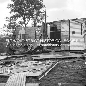Negative - Photograph, J.A. McDonald, Inspection of storm damaged Abraham house at Kangaroo Ground, c. May 1962
