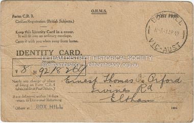 Photograph - Document, Identity Card: Ernest Thomas Orford, 1942