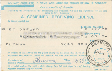 Photograph - Document, Combined Receiving License: Mrs E.T. Orford, 1973